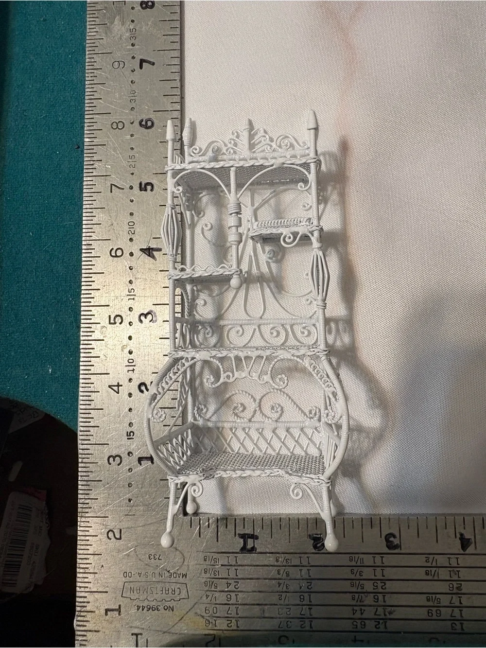 miniature‎ white metal Victorian-style wicker etagere display shelf Wrought Iron